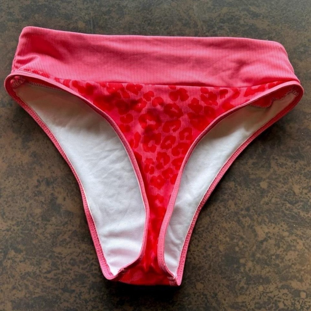 Pink Red Leopard Print Ribbed High Cut‎ Cheeky Thong Bikini Bottoms Swimwear